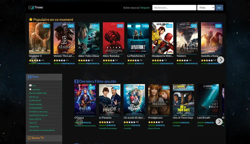 capture d'écran du site bien connu de téléchargement Tirexo