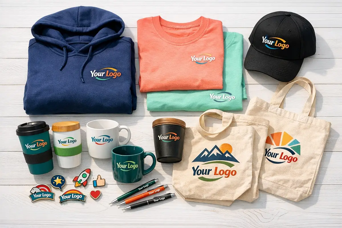 Vêtements et objets personnalisés comprenant sweats, t-shirts, casquettes, mugs, totebags et accessoires utilisés pour la communication et la visibilité de marque.