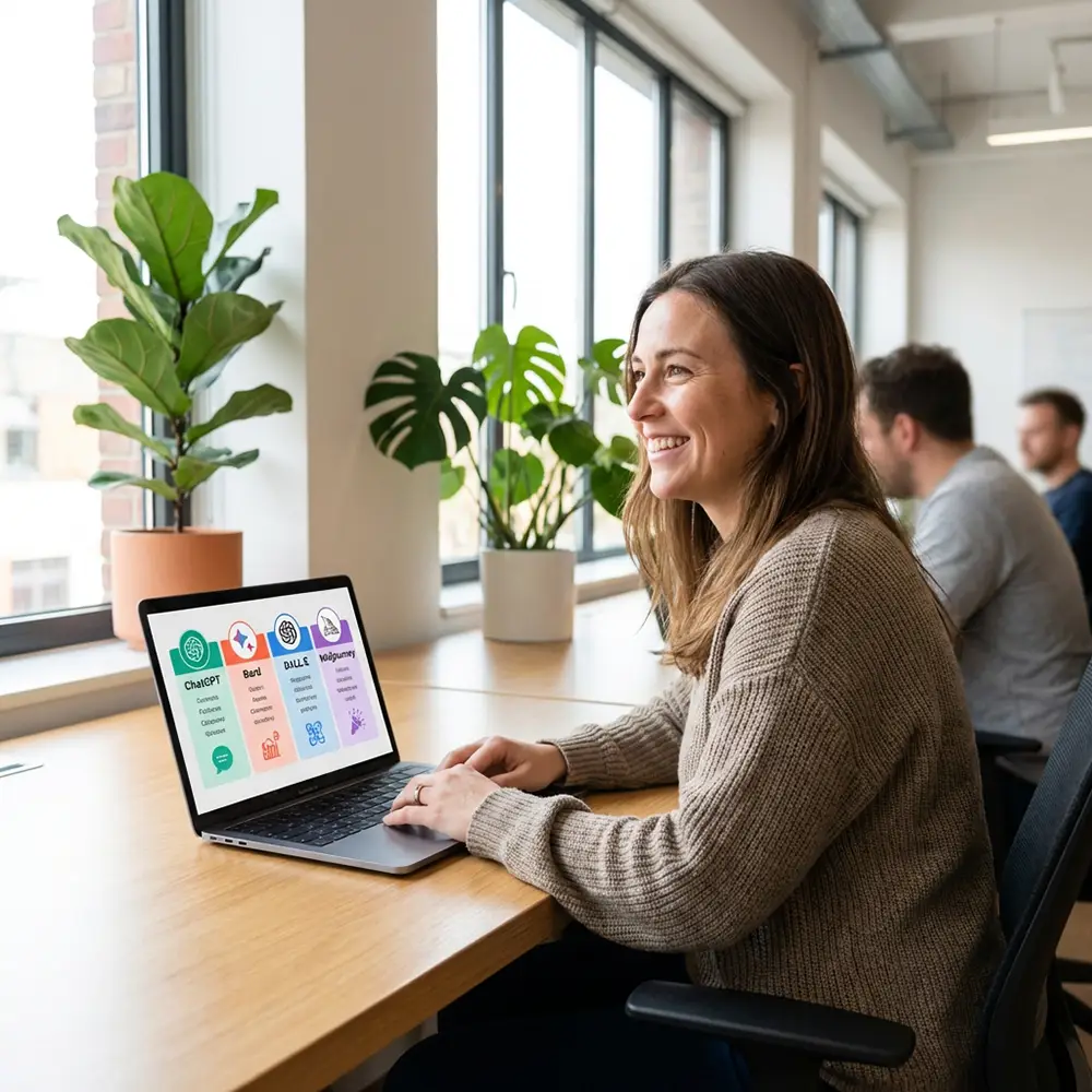 Une personne devant un ordinateur portable comparant différentes IA gratuites sur son écran, ambiance bureau lumineuse