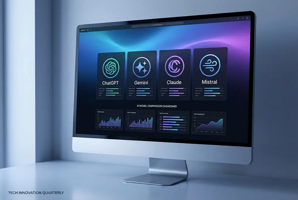 Illustration d'un écran affichant plusieurs interfaces d'IA gratuites côte à côte pour un comparatif en 2026