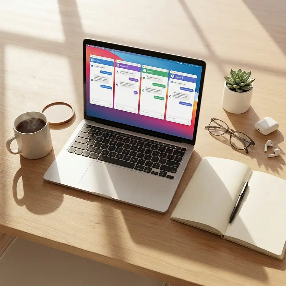 Quatre interfaces de chatbots IA gratuites affichées sur un bureau, représentant ChatGPT, Claude, Gemini et Mistral