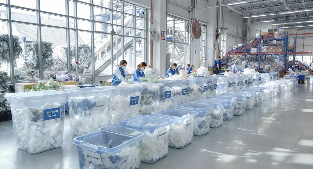 Déchets de polystyrène triés avec des instructions de recyclage claires