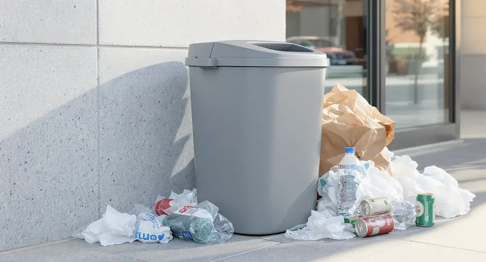 Poubelle grise remplie de déchets triés et recyclables