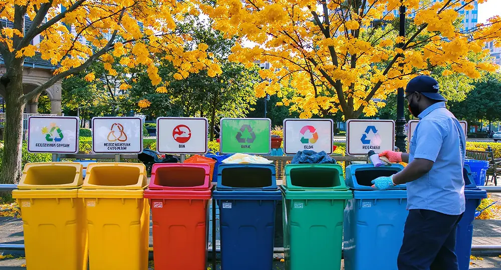 Poubelles de tri sélectif avec déchets recyclables et non recyclables