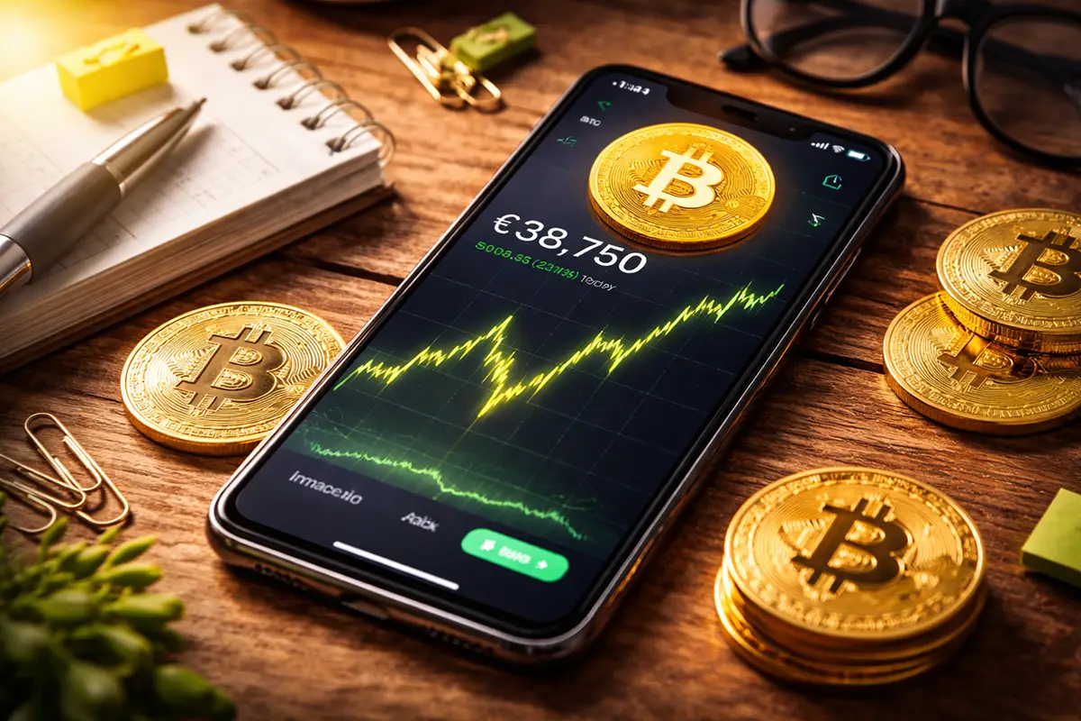 Smartphone posé sur une table indiquant la courbe des marchés des crypto et du bitcoin
