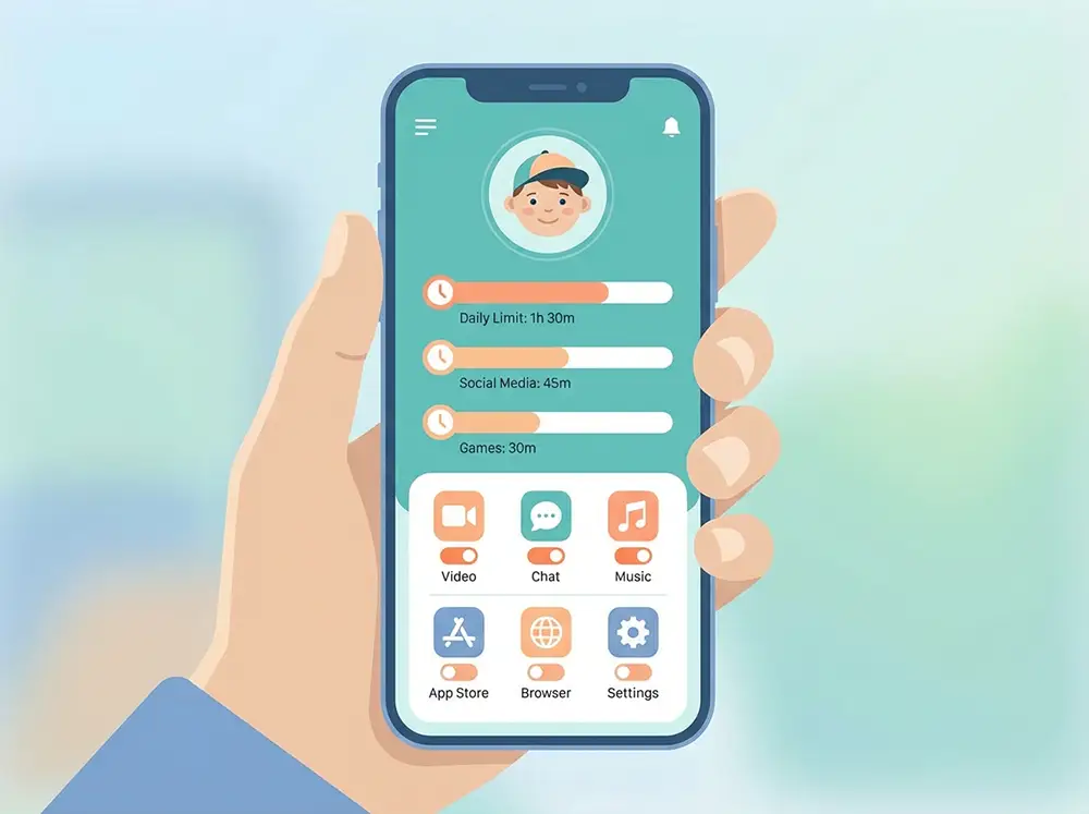Parent configurant une application de contrôle parental sur smartphone pour limiter le temps d'écran