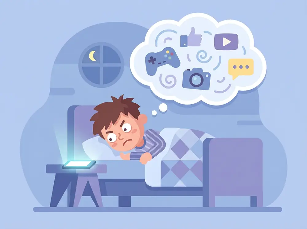 Enfant de 7 ans éveillé dans son lit, smartphone allumé sur la table de nuit