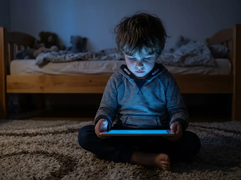 Enfant de 5 ans illuminé par la lumière bleue d'une tablette dans une chambre sombre