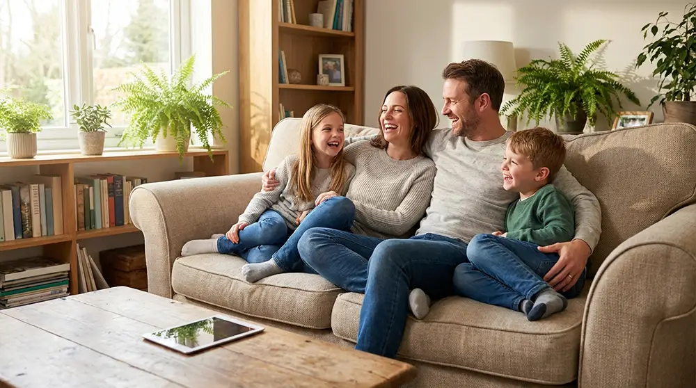 Famille heureuse réunie dans un salon sans écrans, parents et enfants souriants