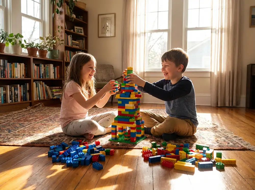 Deux enfants jouant aux Lego dans un salon ensoleillé, sans aucun écran visible