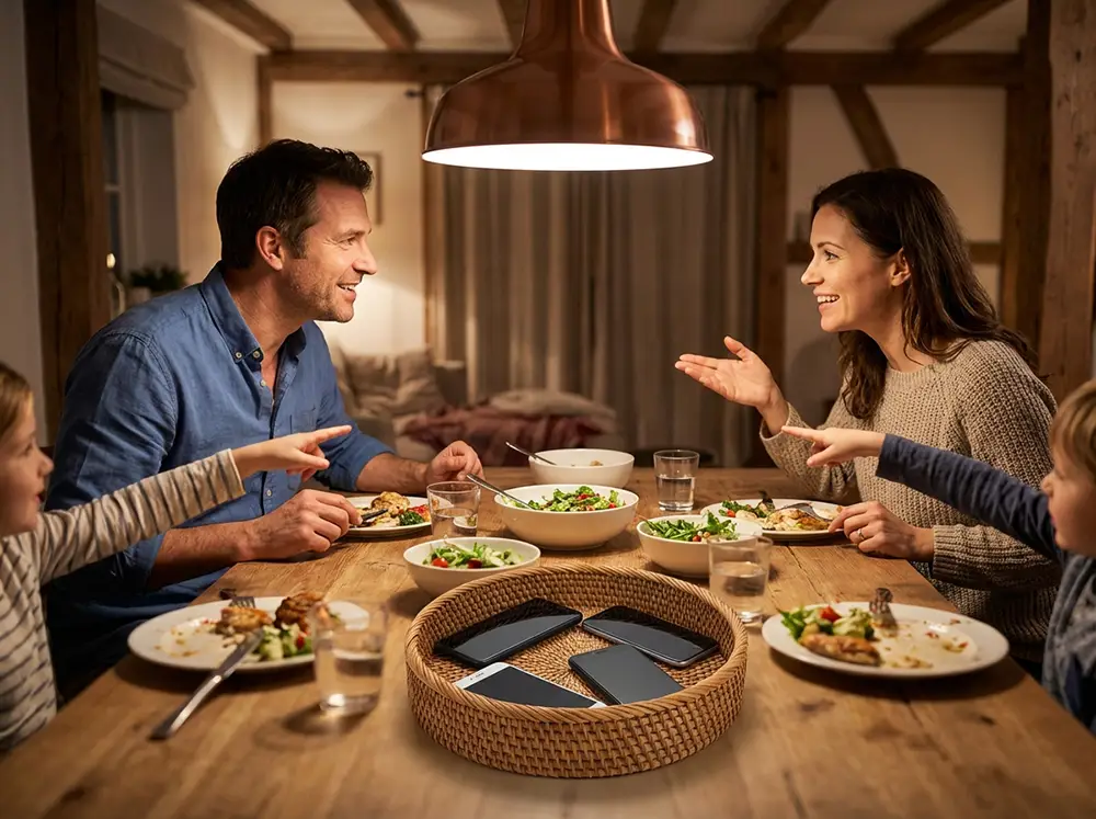 Parents et enfants à table sans smartphones, engagés dans une conversation familiale