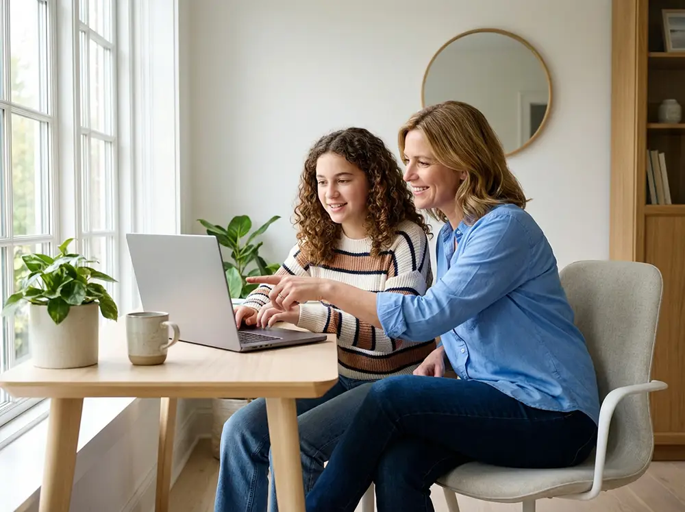 Mère et adolescente ayant une conversation ouverte devant un ordinateur portable