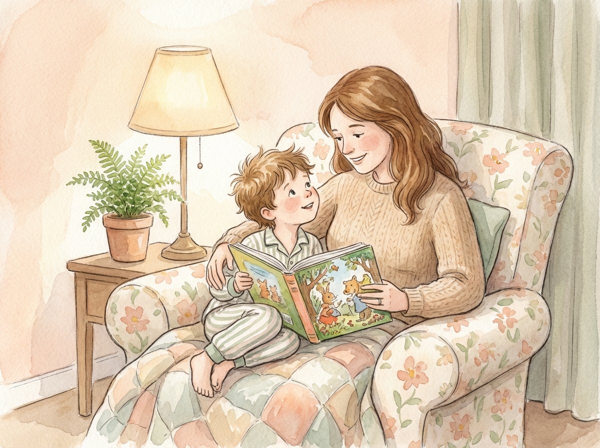 Parent et enfant lisant ensemble un livre dans un fauteuil douillet sans écran