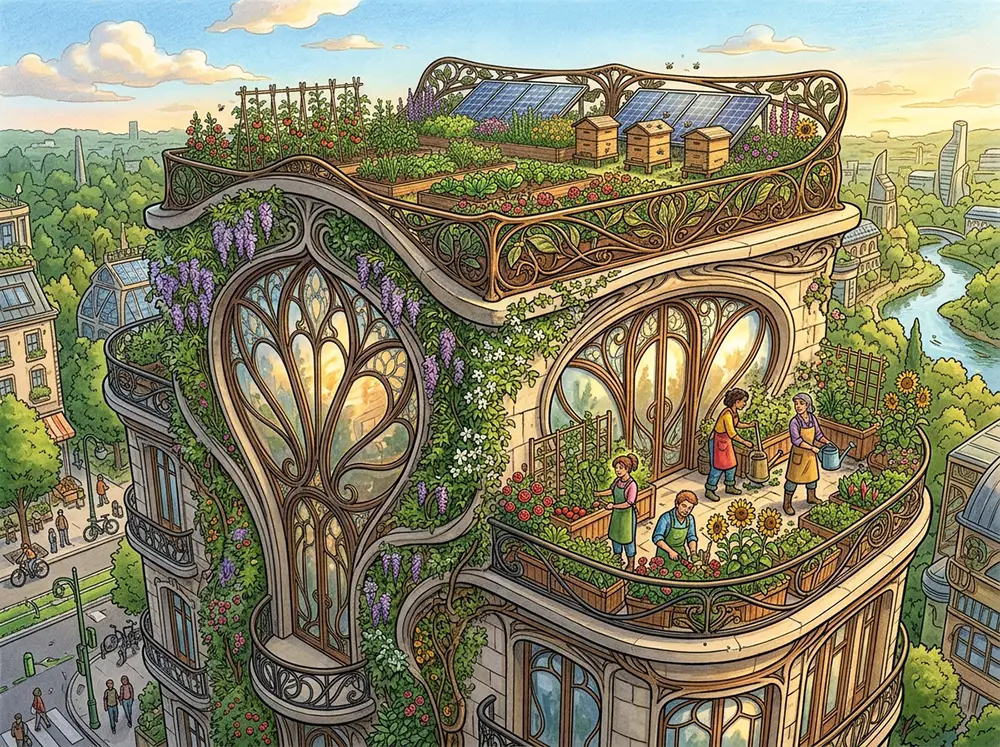 Bâtiment solarpunk à façade organique couverte de plantes grimpantes, fenêtres en forme de pétales et toit-jardin avec panneaux solaires
