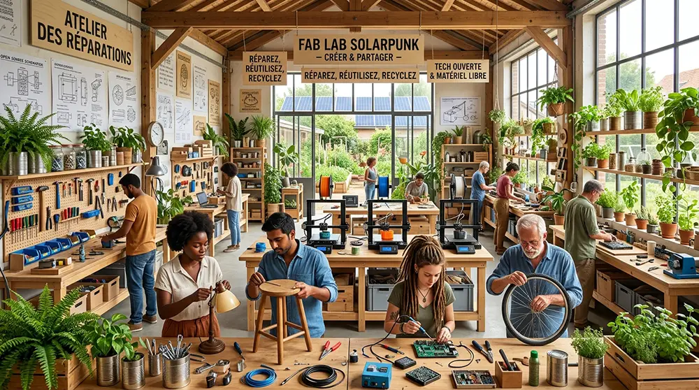Intérieur lumineux d'un atelier solarpunk avec des personnes de tous âges réparant des objets, plantes en pot et panneaux solaires visibles