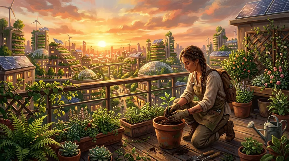 Personne de dos plantant un semis sur un toit végétalisé, horizon de ville solarpunk baigné de lumière dorée au crépuscule