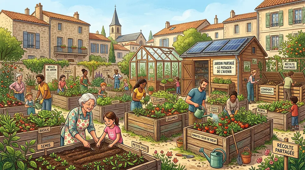 Jardin communautaire urbain avec habitants de tous âges cultivant des légumes, bâtiments anciens en pierre en arrière-plan, ambiance française