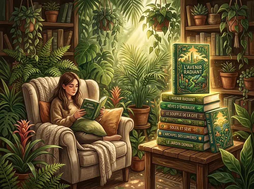 Pile de livres solarpunk aux couvertures vertes et dorées dans un espace de lecture entouré de végétation, éclairé par un rayon de soleil