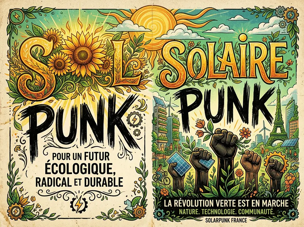 Affiche artistique illustrant le mot solarpunk avec des rayons de soleil, des fleurs et des poings levés tenant des panneaux solaires