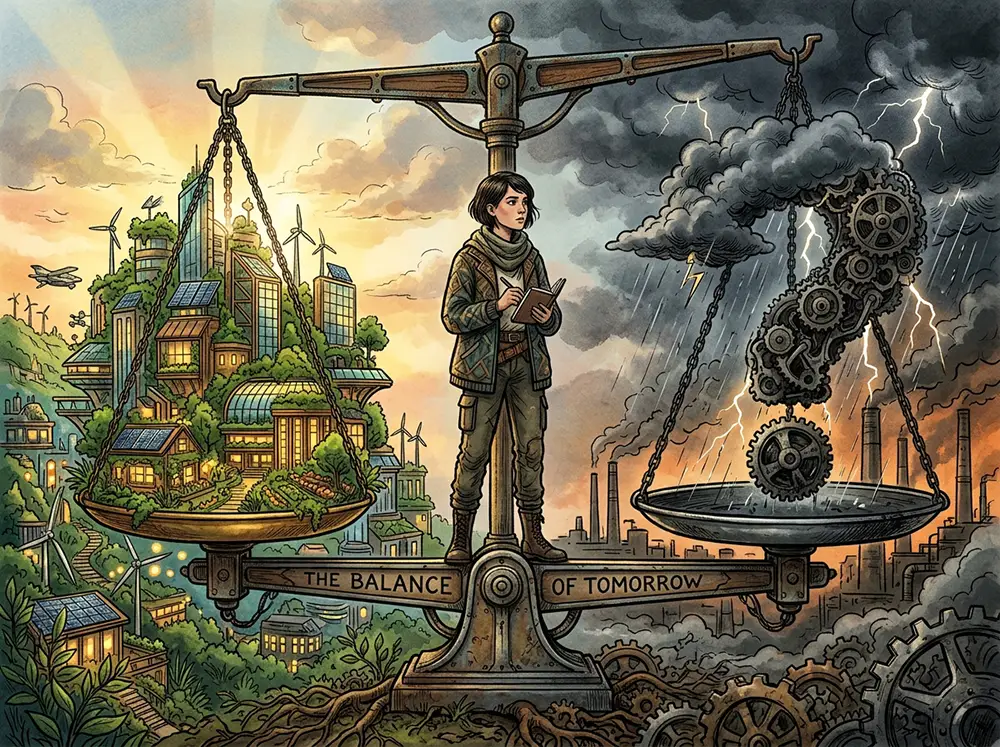 Balance symbolique avec une ville solarpunk lumineuse d'un côté et un point d'interrogation sombre de l'autre, personnage pensif au centre