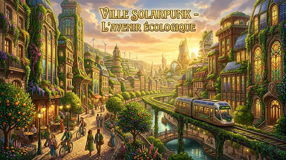Illustration d'une ville solarpunk aux bâtiments couverts de plantes vertes et panneaux solaires, baignée de lumière dorée