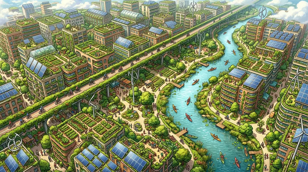Vue aérienne d'une ville solarpunk avec toits couverts de jardins, véloroutes bordées de végétation et panneaux solaires sur chaque bâtiment