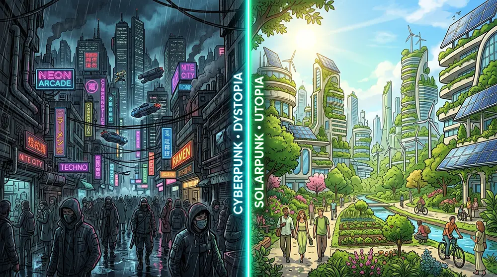 Illustration en deux parties montrant une ville cyberpunk sombre à gauche et une ville solarpunk verdoyante à droite