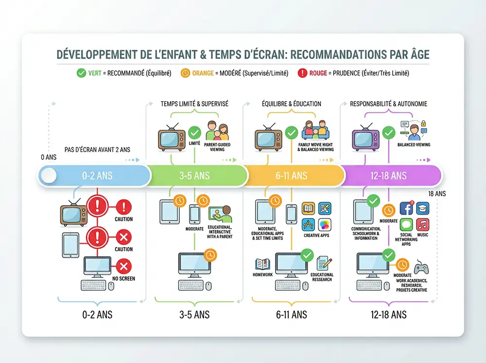 Infographie des recommandations de temps d'écran officiel par tranche d'âge enfant