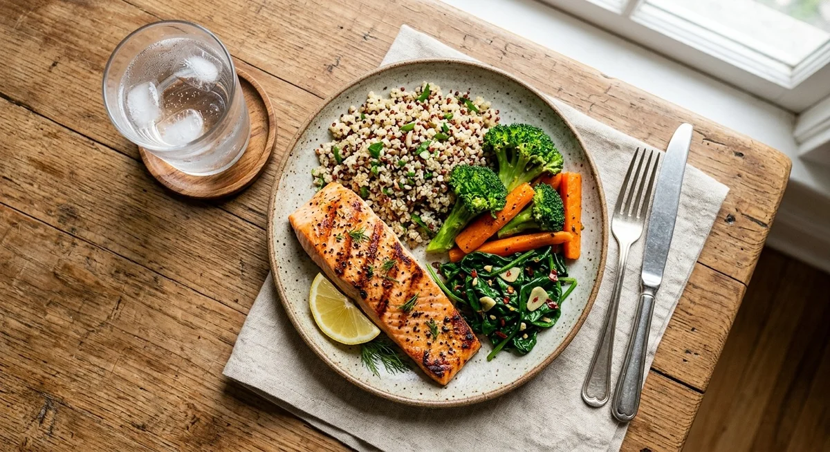 Assiette équilibrée avec protéines maigres, légumes et féculents complets pour se maintenir en forme à la cinquantaine