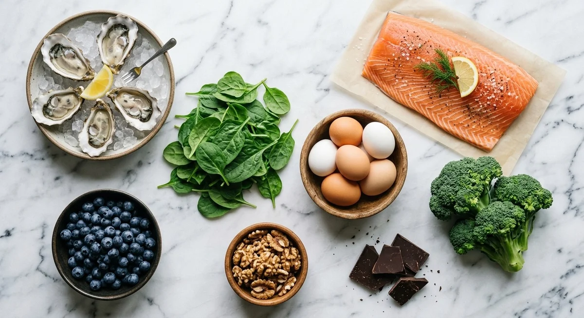 Plateau de fruits de mer, légumes verts, saumon et noix – aliments aux bienfaits prouvés pour la santé