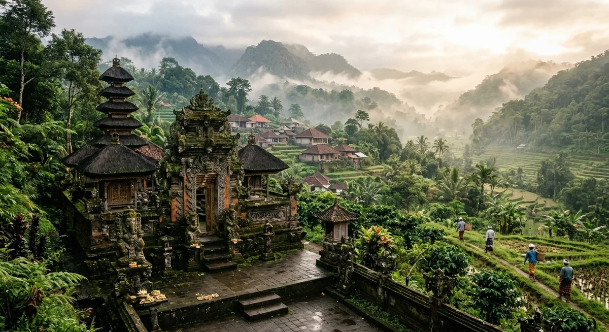 Village balinais de Munduk entouré de forêt tropicale et de caféiers avec temple hindou traditionnel au premier plan