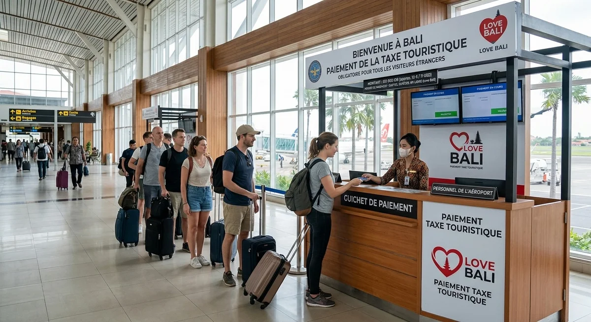 Panneau officiel à l'aéroport de Denpasar Bali indiquant la taxe touristique Love Bali en roupies indonésiennes