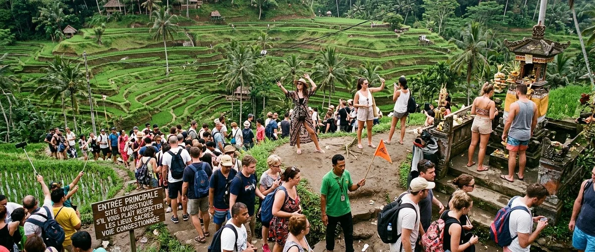 Foule de touristes devant les rizières en terrasses de Tegallalang à Bali avec files d'attente visibles