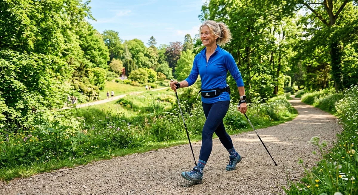 Femme de 50 ans qui pratique la marche nordique pour se maintenir en forme à la cinquantaine