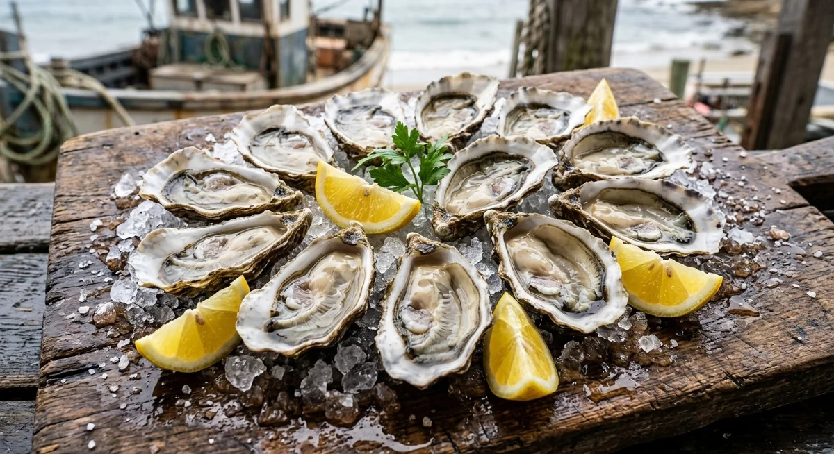 Douzaine d'huîtres fraîches ouvertes sur lit de glace pilée avec citron – bienfaits des huîtres