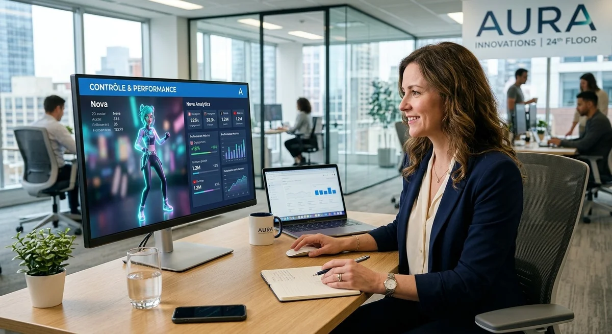 Avantages des influenceurs virtuels pour les stratégies marketing de marque Directrice marketing analysant des données de campagne avec influenceur virtuel à l'écran