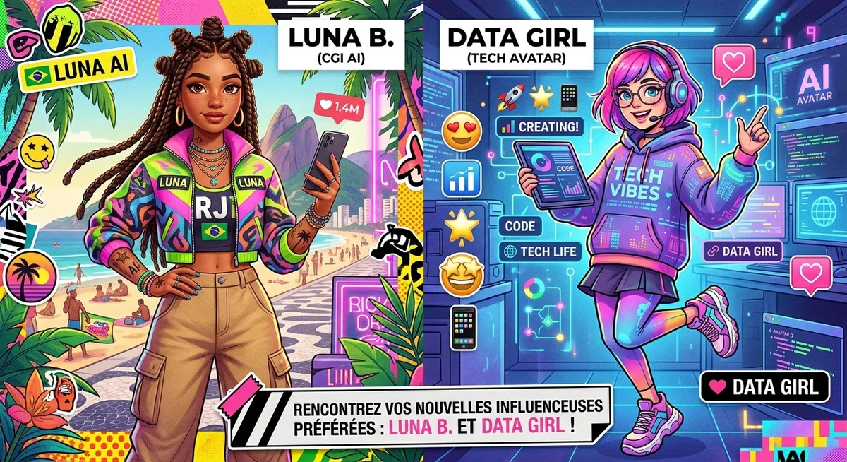 Exemples d'influenceurs virtuels connus : Lil Miquela et Lu do Magalu Collage de personnages virtuels influenceurs comme Lil Miquela illustration numérique
