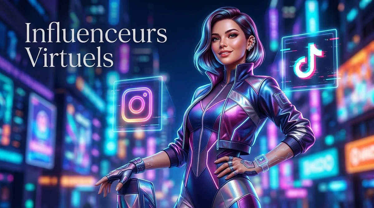 Influenceuse virtuelle générée par IA posant sur fond numérique coloré