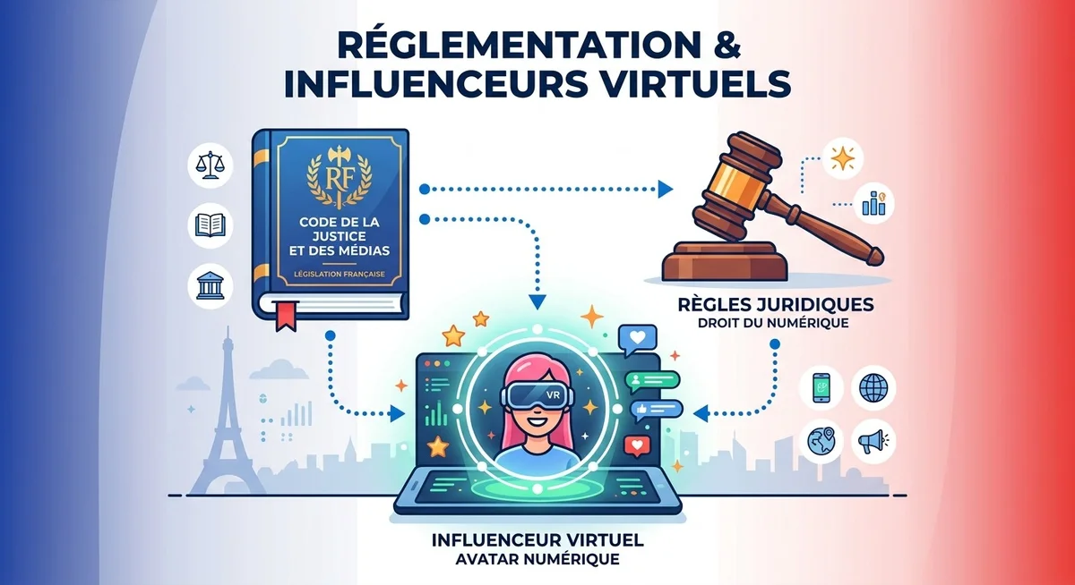 Réglementation des influenceurs virtuels en France loi 2023 Symbole juridique et réglementation française sur les influenceurs virtuels numériques