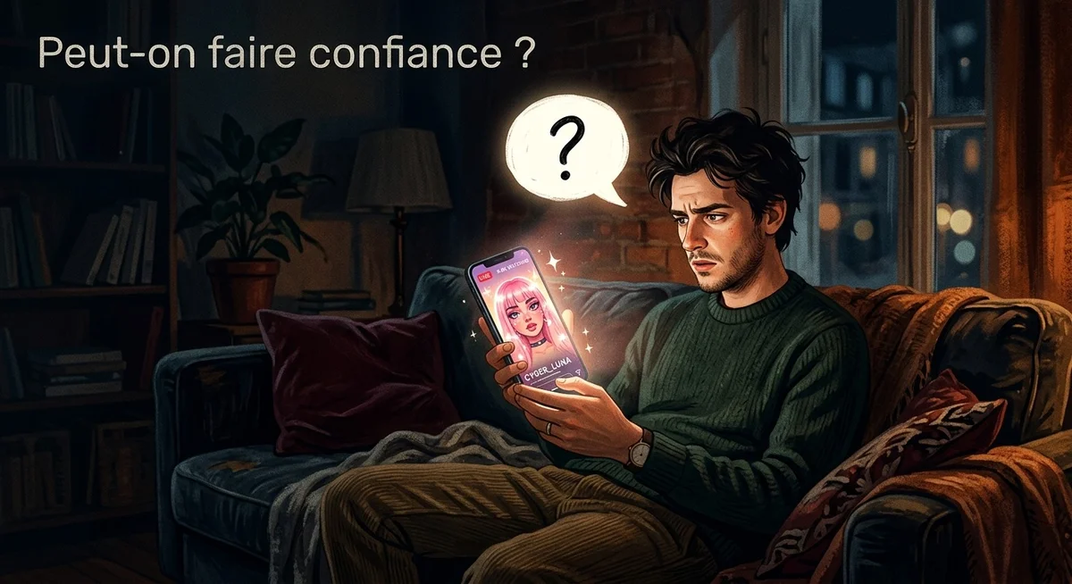 Risques et manque d'authenticité des influenceurs virtuels pour les consommateurs Consommateur sceptique face à un écran montrant un influenceur virtuel