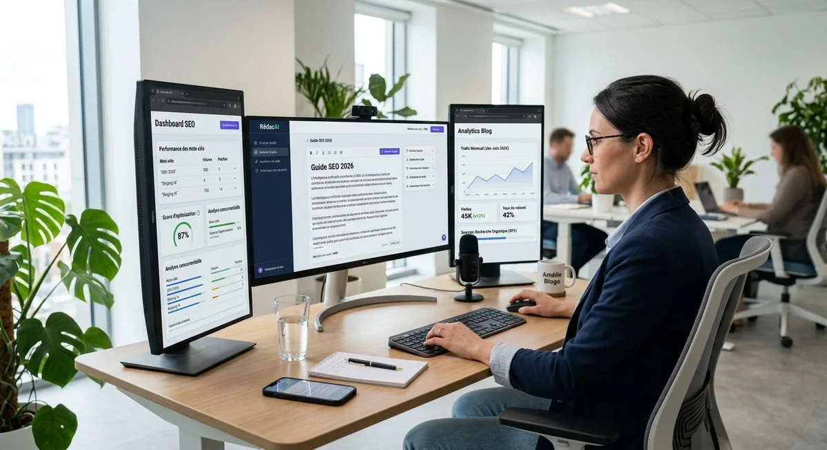 Blogueur utilisant des outils IA et SEO sur ordinateur en 2026