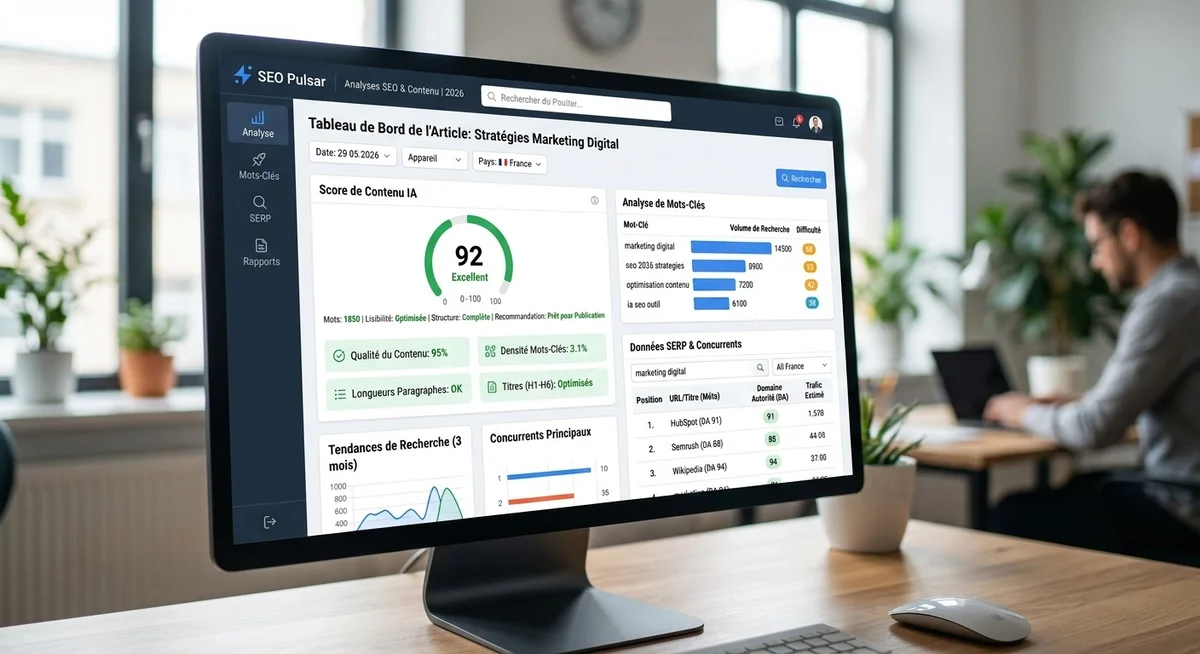 Interface d'un outil SEO avec analyse de mots-clés et score de contenu en 2026