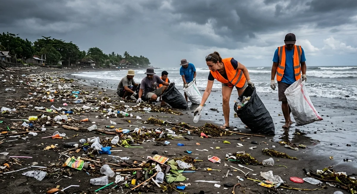 Plage de Bali envahie de déchets plastiques après la mousson avec bénévoles de l'ONG Sungai Watch en nettoyage