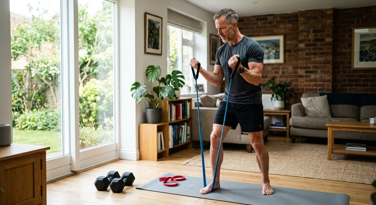 Homme de 50 ans faisant des exercices de renforcement musculaire avec élastiques pour préserver sa masse musculaire