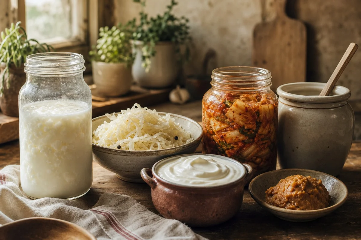 Kéfir, choucroute crue, yaourt nature et kimchi, aliments fermentés bénéfiques pour le microbiote