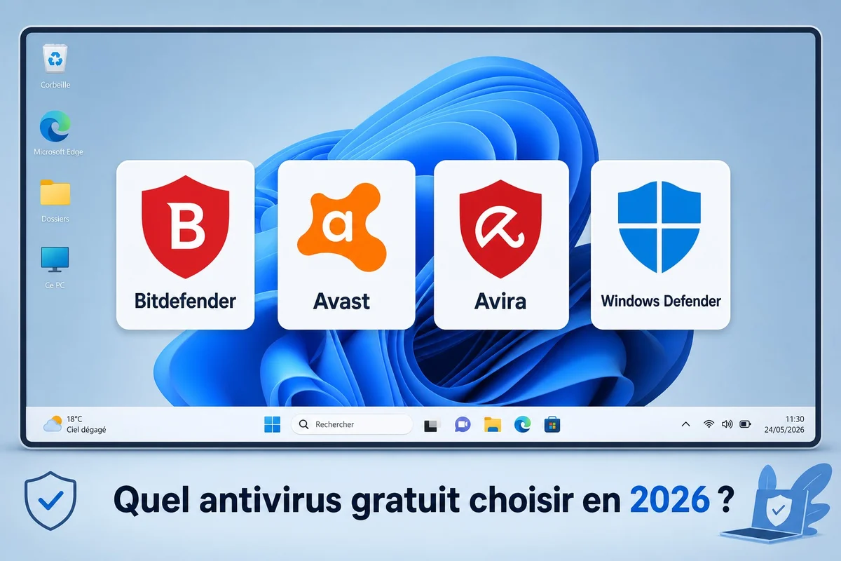 Comparatif antivirus gratuit Windows 11 en 2026 avec logos Bitdefender, Avast, Avira et Windows Defender