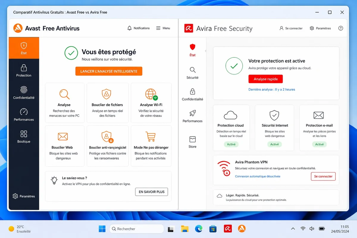 Comparatif visuel Avast Free et Avira Free antivirus Windows 11 : fonctionnalités, VPN, performances