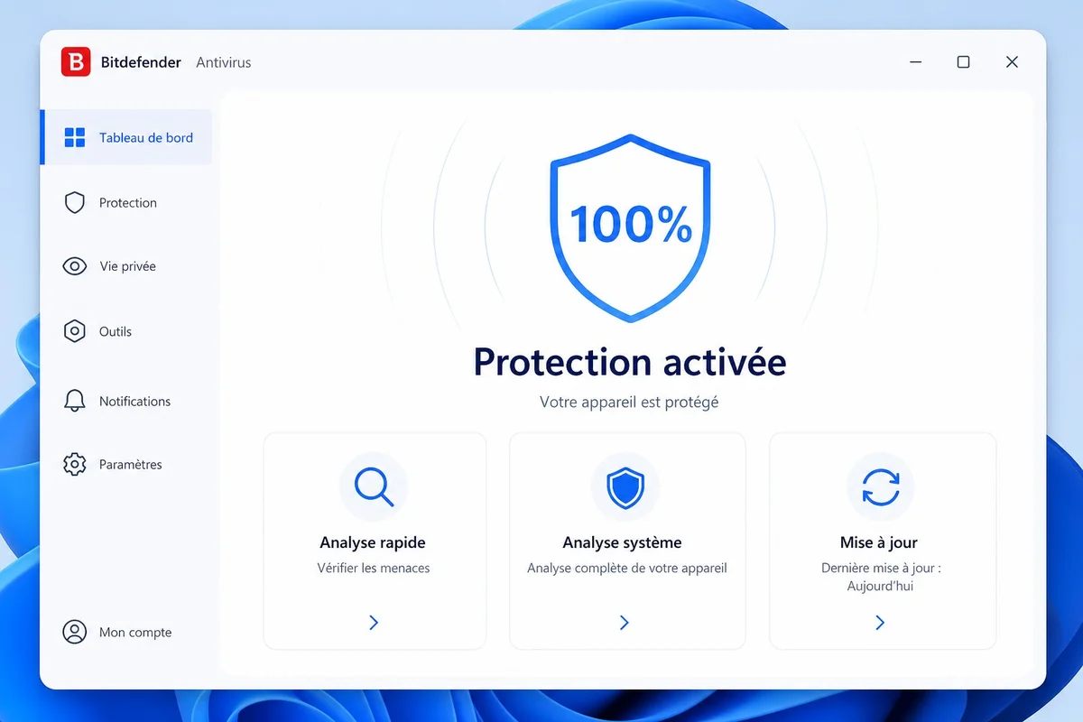 Interface minimaliste de Bitdefender Free Antivirus sur Windows 11