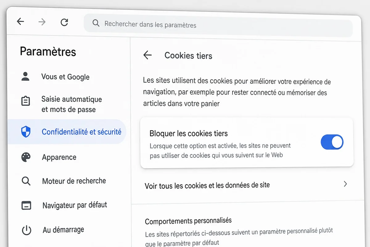 Interface des paramètres de confidentialité Chrome montrant l'option de blocage des cookies tiers activée