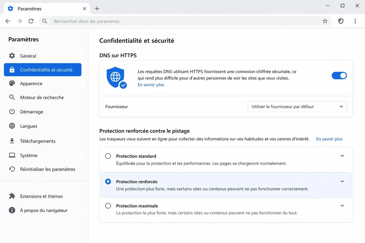 Paramètre DNS via HTTPS activé dans les réglages de confidentialité d'un navigateur
